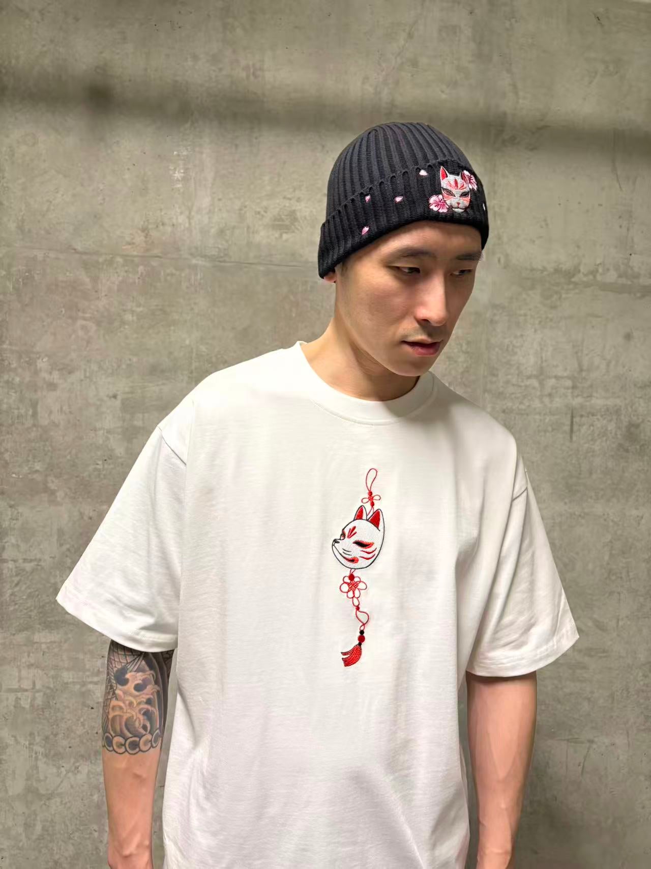 Embroidered Kitsune Mask and Blossom Beanie - Black