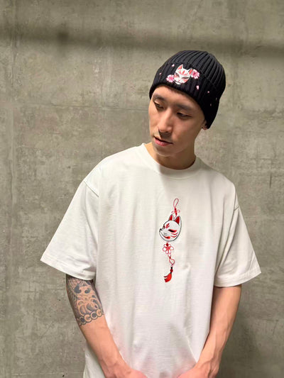 Embroidered Kitsune Mask and Blossom Beanie - Black