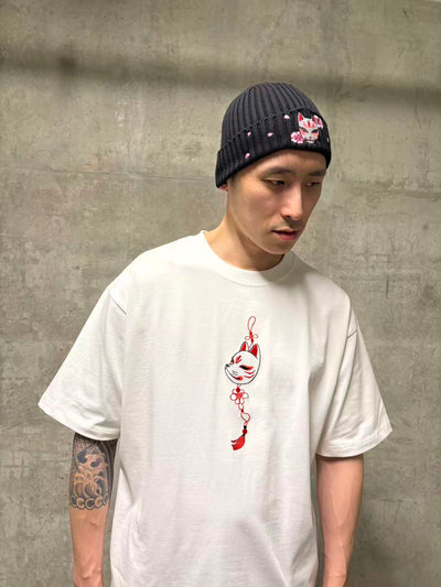Embroidered Kitsune Mask and Blossom Beanie - Black
