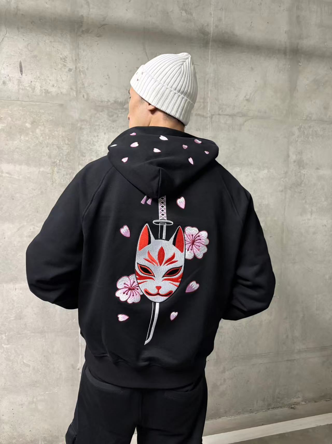 Embroidered Blossom and Kitsune Mask Hoodie (Oversized) - Black