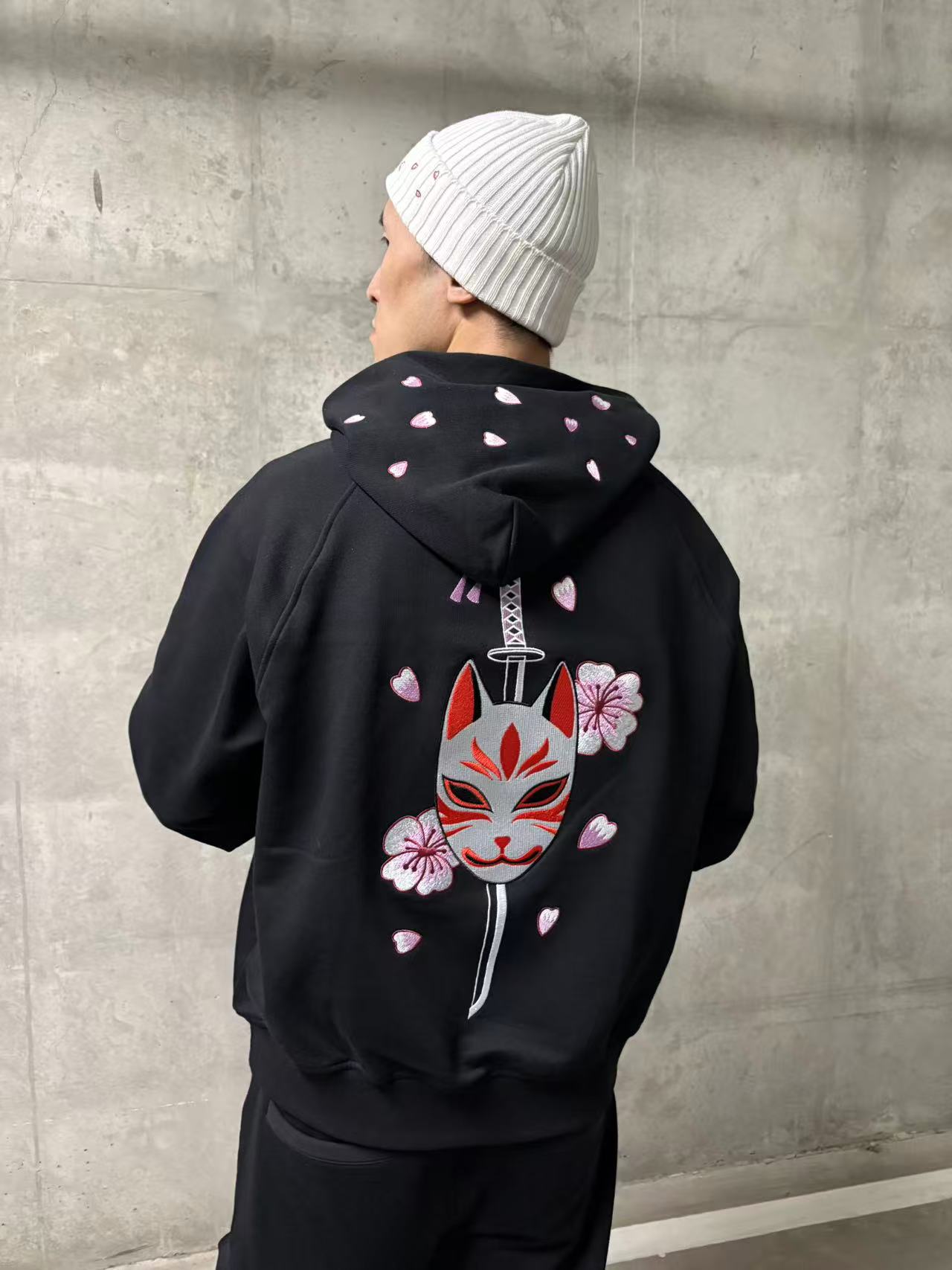Embroidered Blossom and Kitsune Mask Hoodie (Oversized) - Black