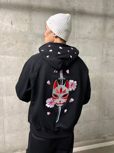 Embroidered Blossom and Kitsune Mask Hoodie (Oversized) - Black
