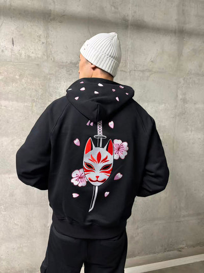Embroidered Blossom and Kitsune Mask Hoodie (Oversized) - Black
