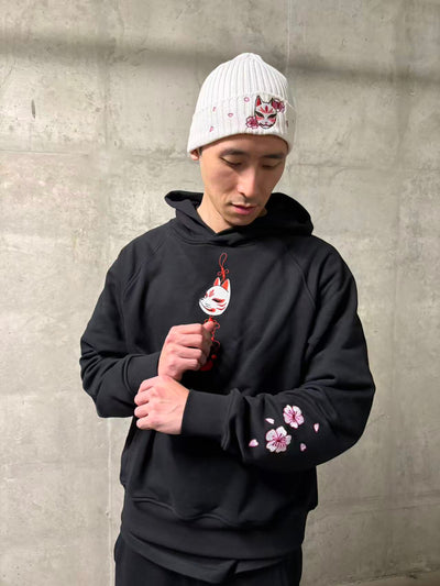 Embroidered Blossom and Kitsune Mask Hoodie (Oversized) - Black