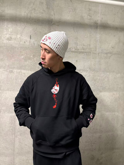 Embroidered Blossom and Kitsune Mask Hoodie (Oversized) - Black