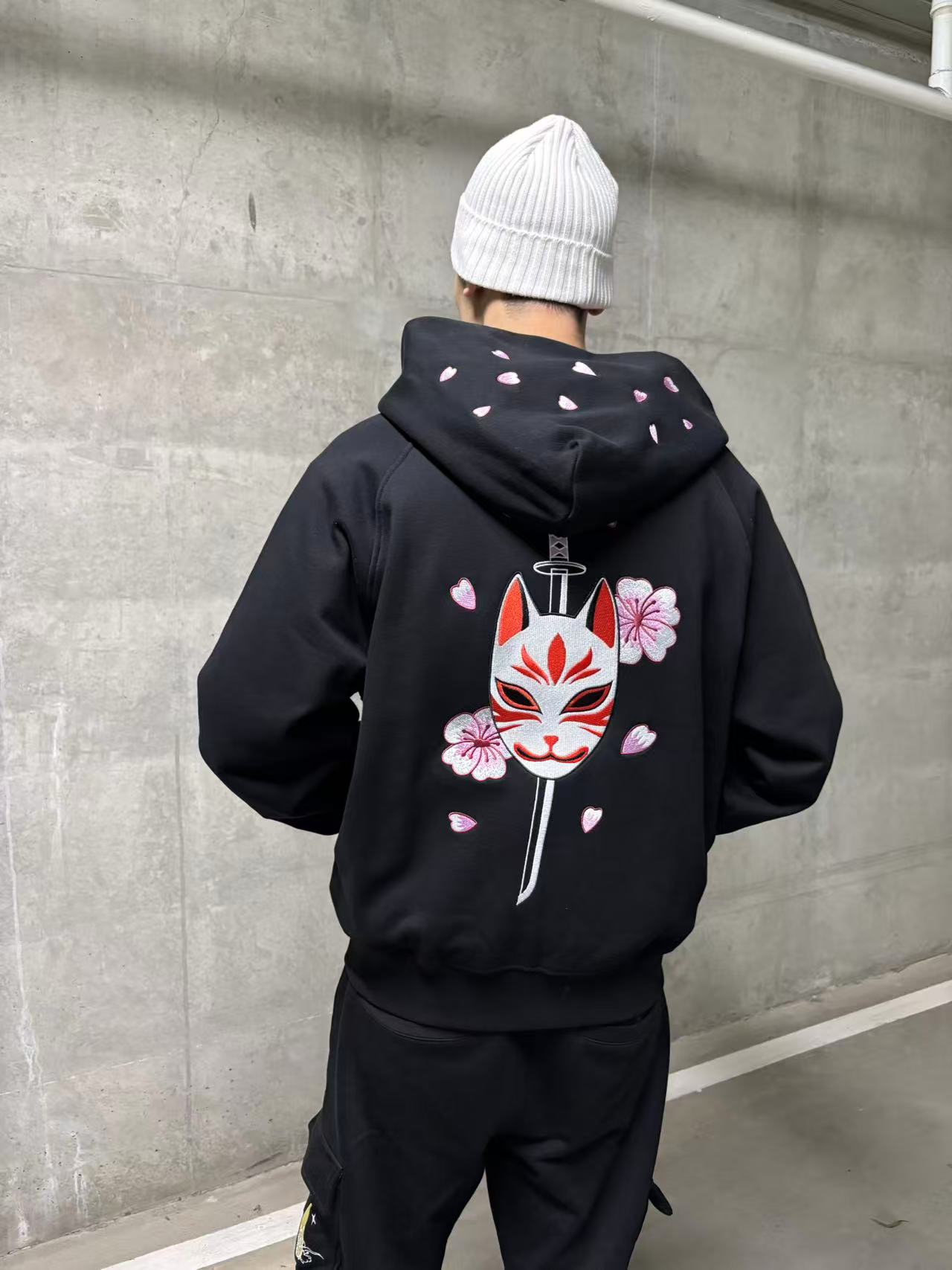 Embroidered Blossom and Kitsune Mask Zip Up (Oversized) - Black