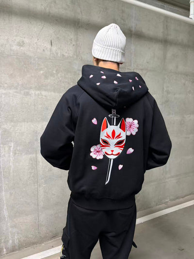 Embroidered Blossom and Kitsune Mask Zip Up (Oversized) - Black
