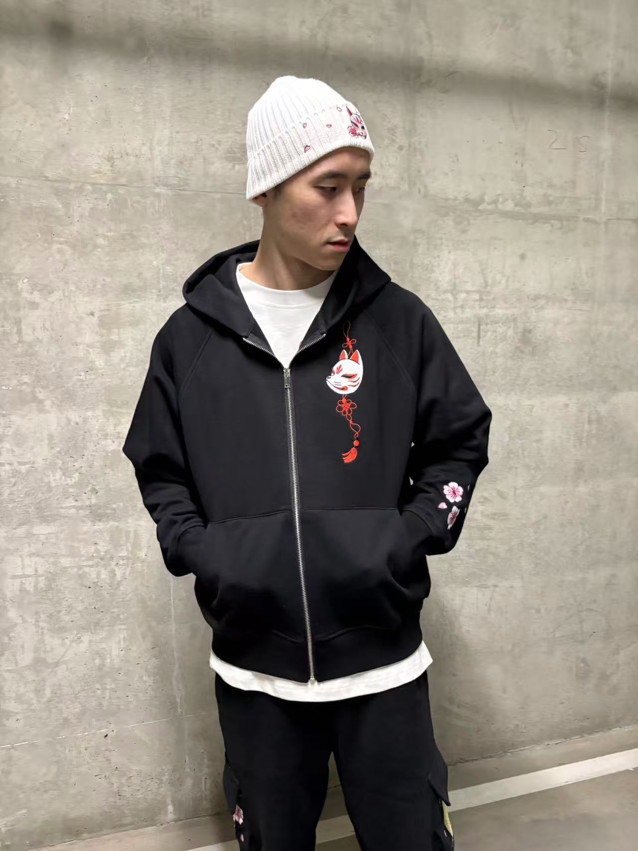 Embroidered Blossom and Kitsune Mask Zip Up (Oversized) - Black