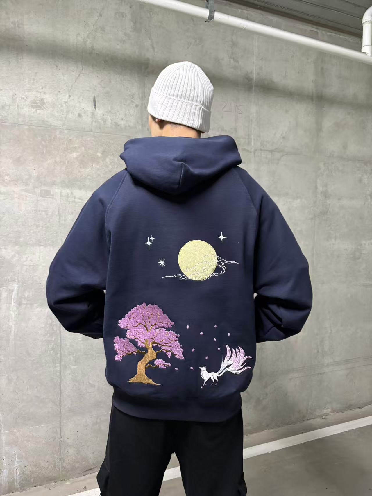 Embroidered Nine Tailed Fox Under the Full Moon Hoodie (Oversized) - Starry Night Blue