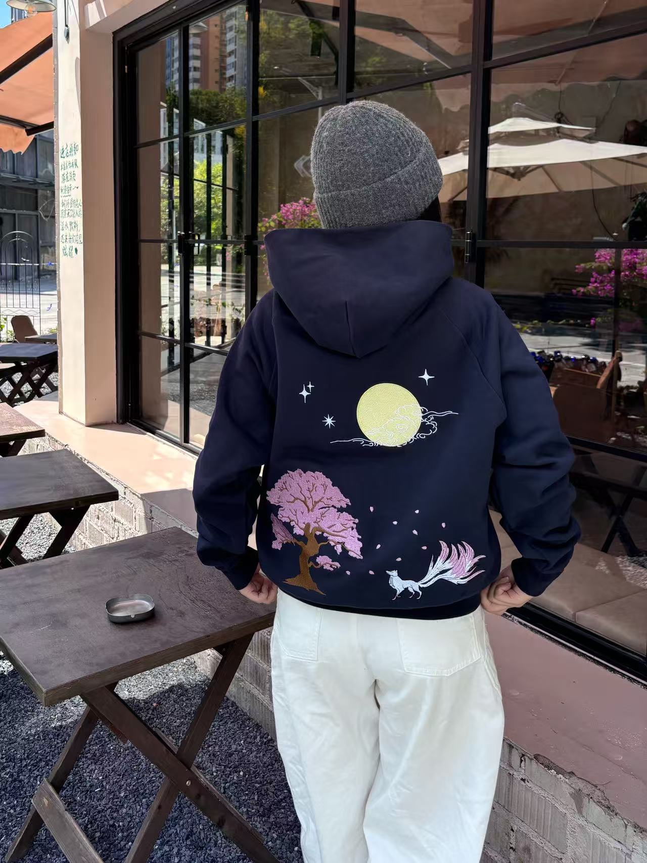 Embroidered Nine Tailed Fox Under the Full Moon Hoodie (Oversized) - Starry Night Blue