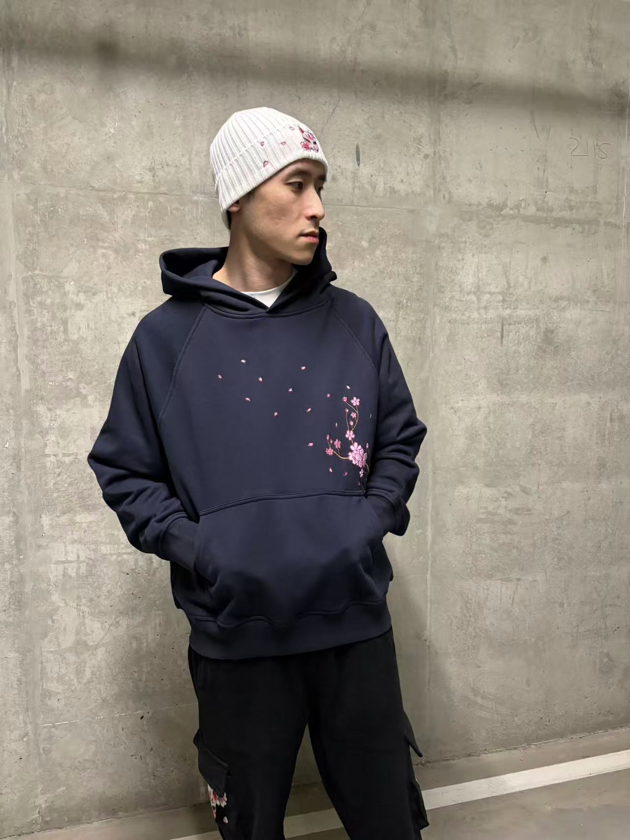 Embroidered Nine Tailed Fox Under the Full Moon Hoodie (Oversized) - Starry Night Blue