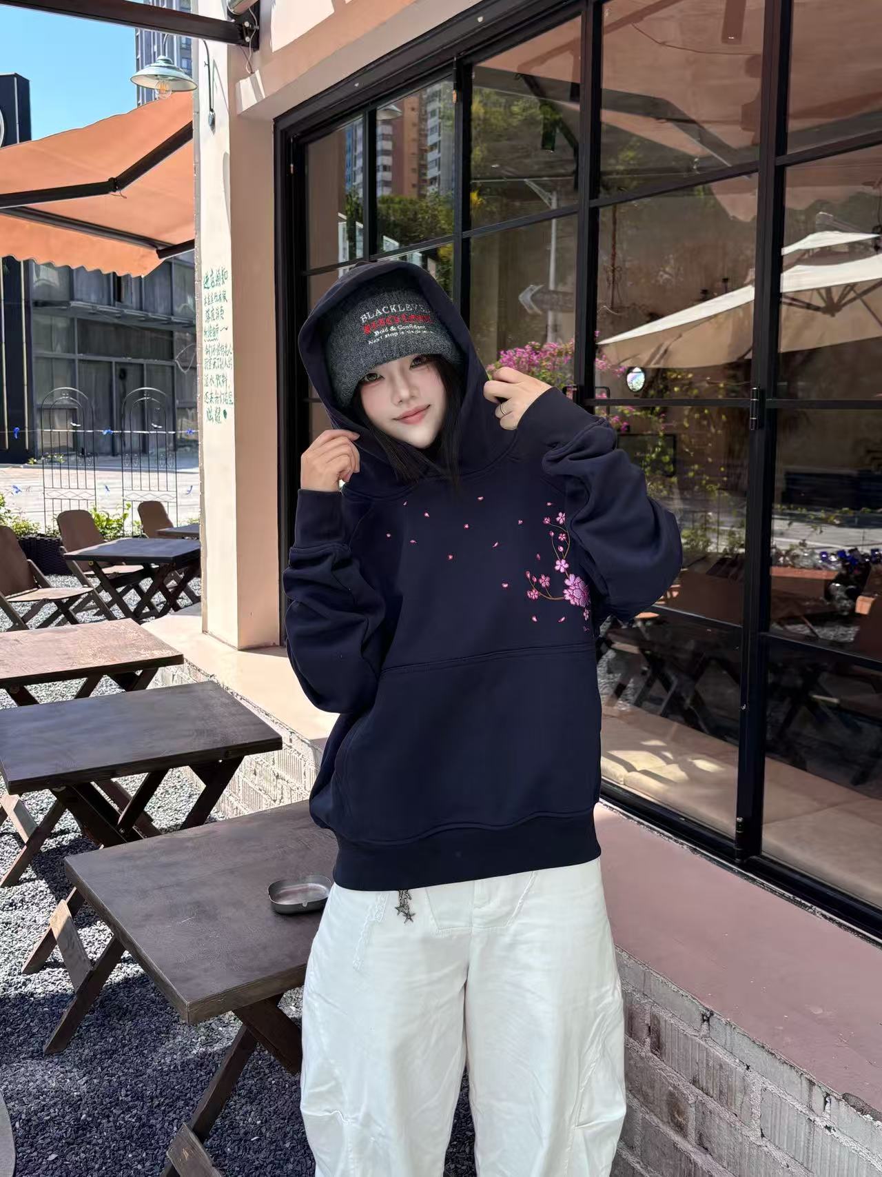 Embroidered Nine Tailed Fox Under the Full Moon Hoodie (Oversized) - Starry Night Blue