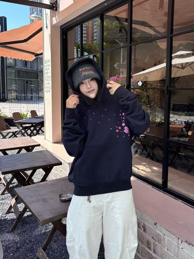 Embroidered Nine Tailed Fox Under the Full Moon Hoodie (Oversized) - Starry Night Blue