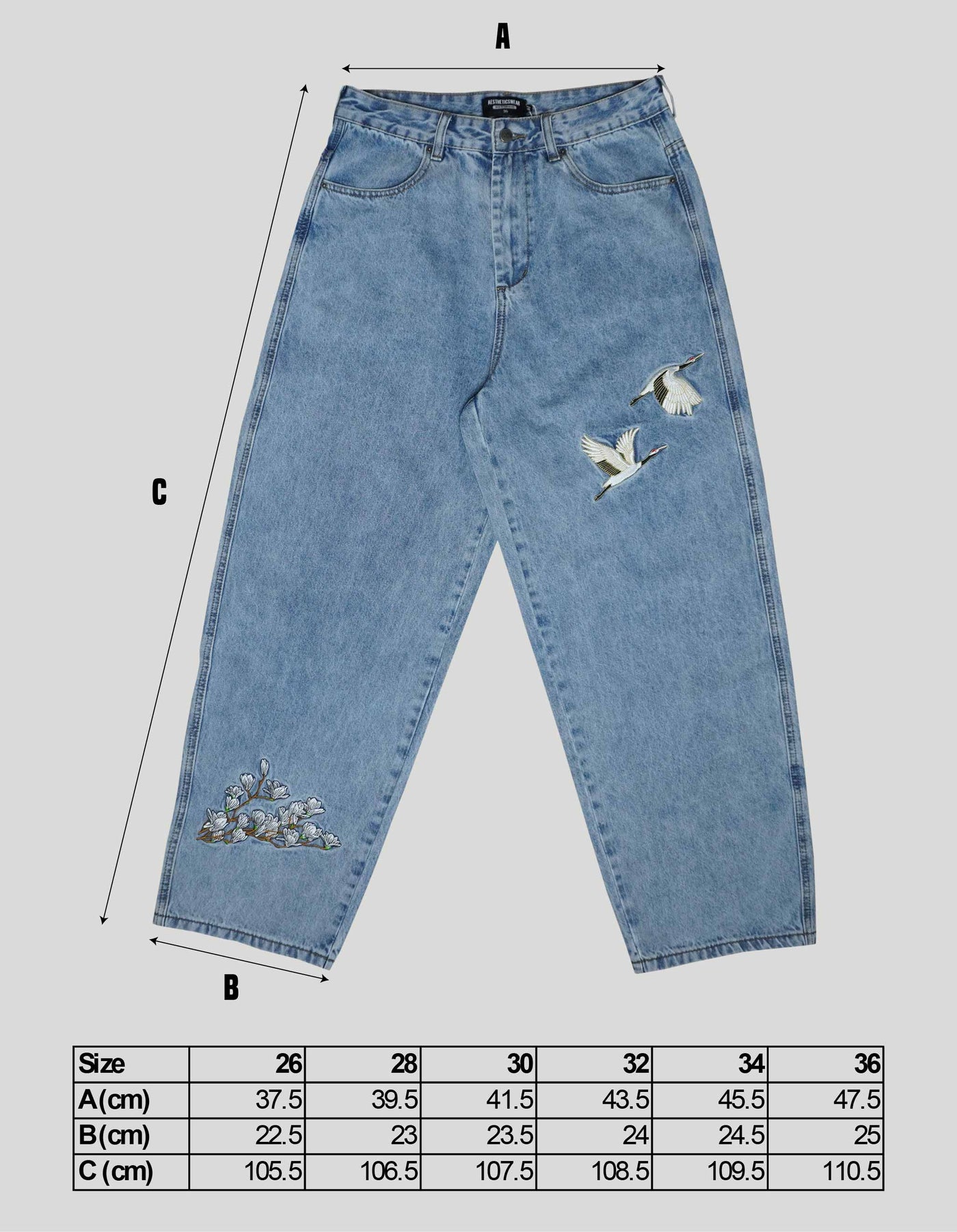 Embroidered Crane and White Blossom Baggy Jeans - Sky Blue Wash