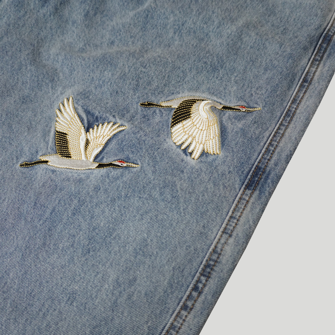 Embroidered Crane and White Blossom Baggy Jeans - Sky Blue Wash