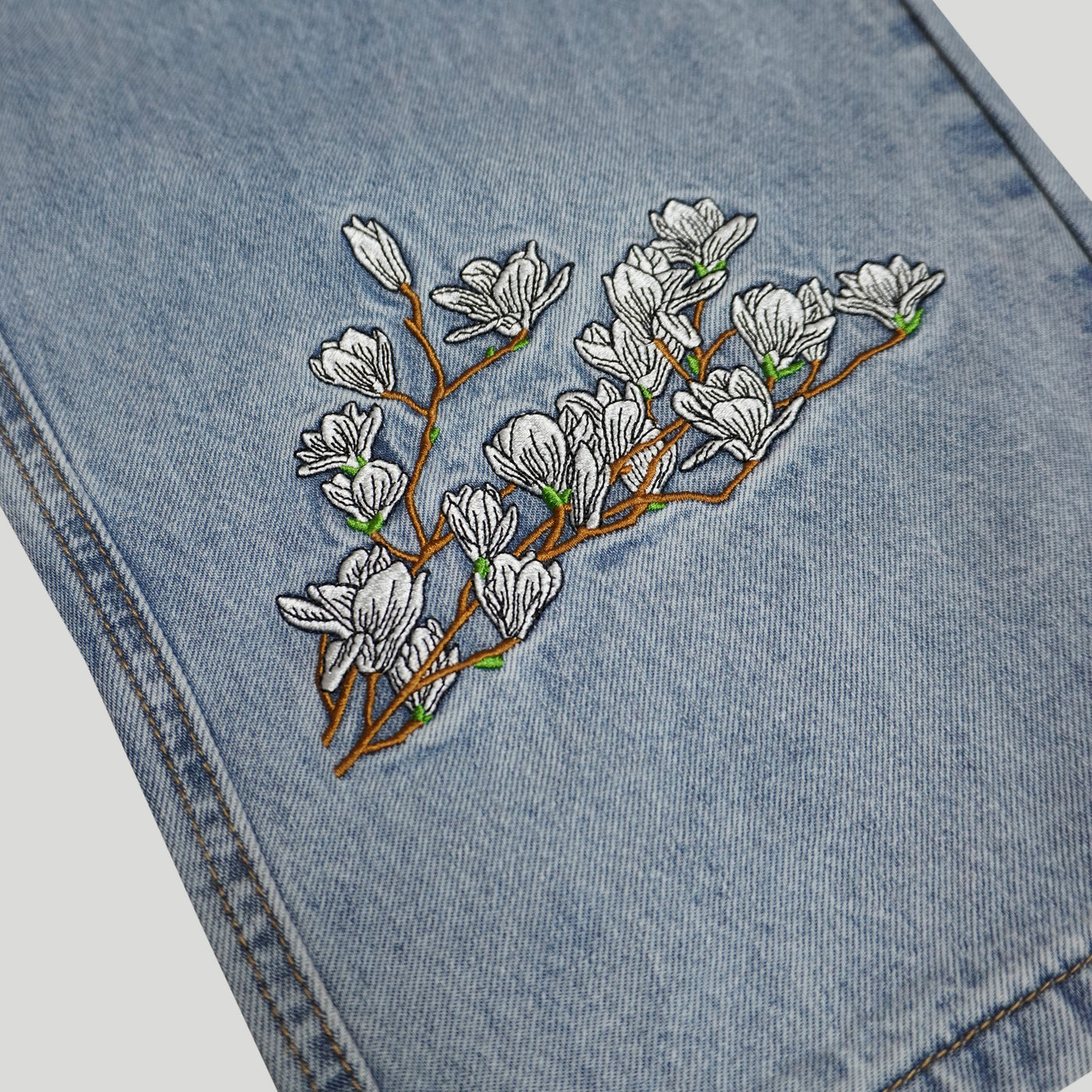 Embroidered Crane and White Blossom Baggy Jeans - Sky Blue Wash