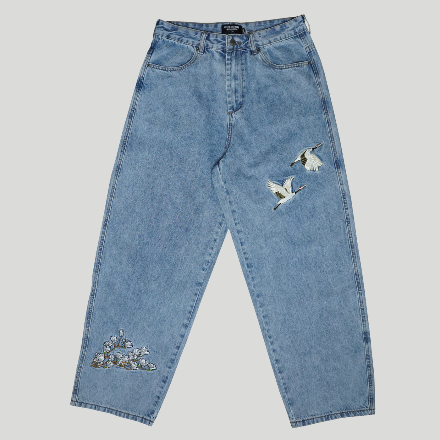 Embroidered Crane and White Blossom Baggy Jeans - Sky Blue Wash