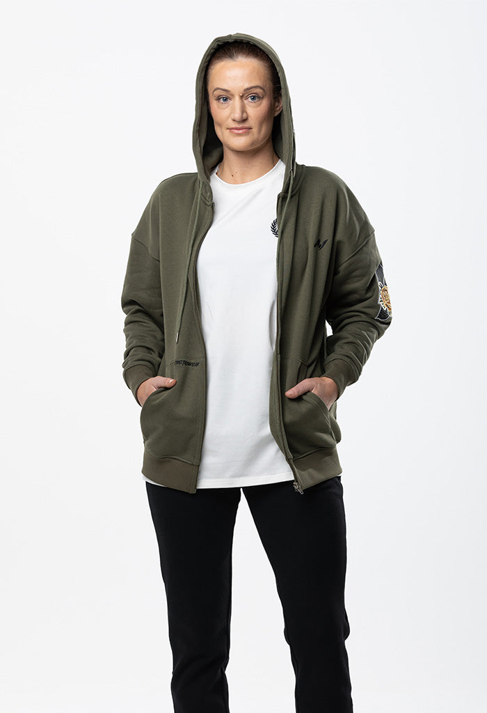 Embroidered Floral Zip Hoodie - Khaki Green