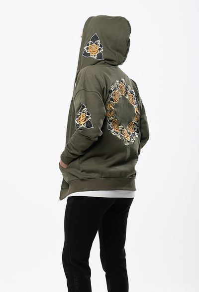 Embroidered Floral Zip Hoodie - Khaki Green