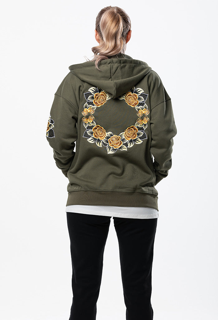 Embroidered Floral Zip Hoodie - Khaki Green