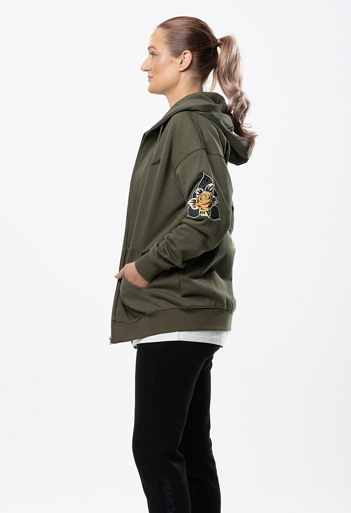 Embroidered Floral Zip Hoodie - Khaki Green