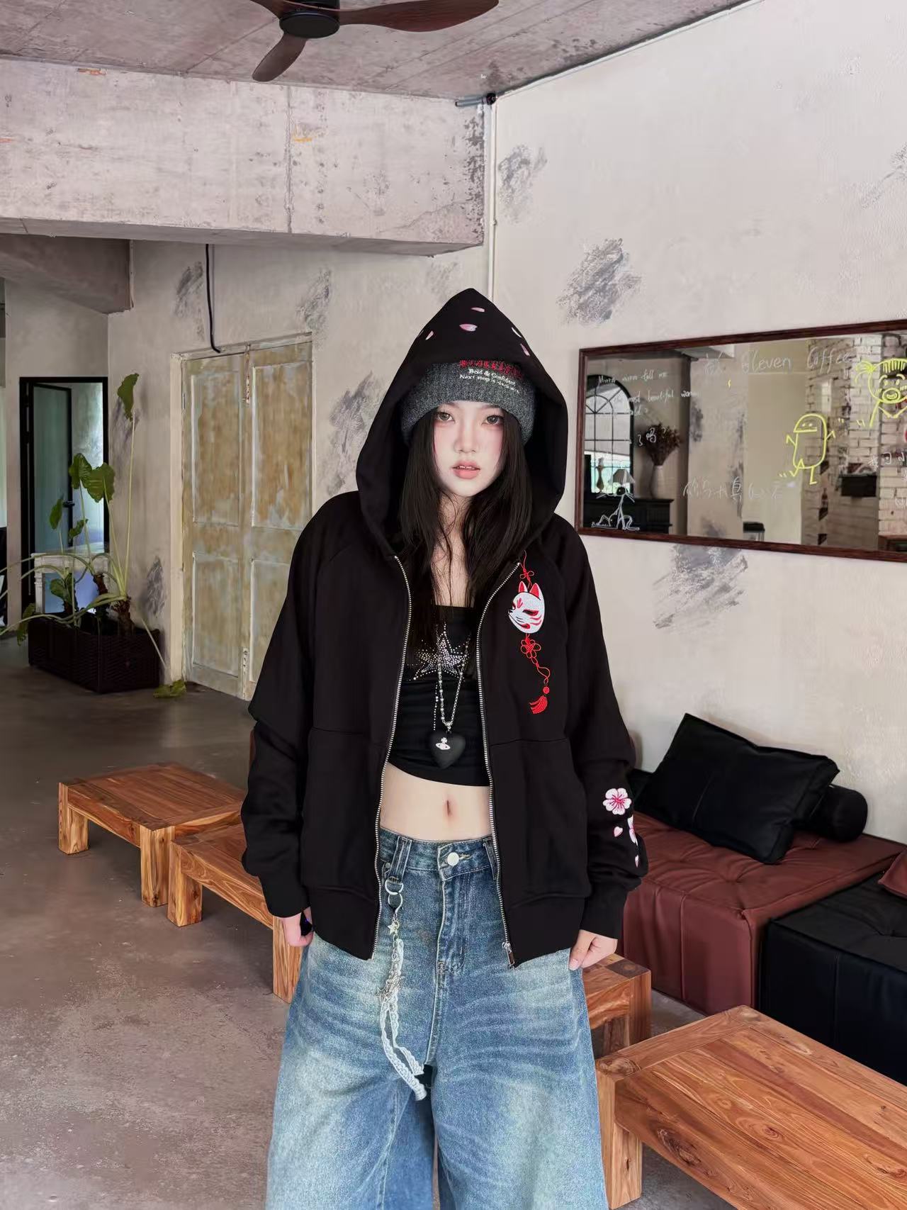 Embroidered Blossom and Kitsune Mask Zip Up (Oversized) - Black