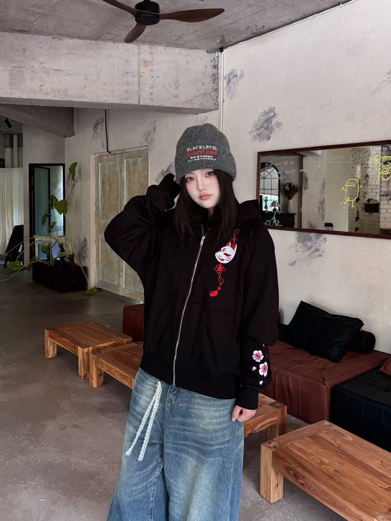 Embroidered Blossom and Kitsune Mask Zip Up (Oversized) - Black