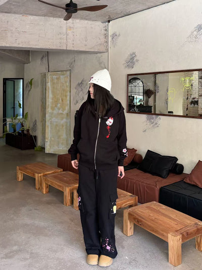 Embroidered Blossom and Kitsune Mask Zip Up (Oversized) - Black