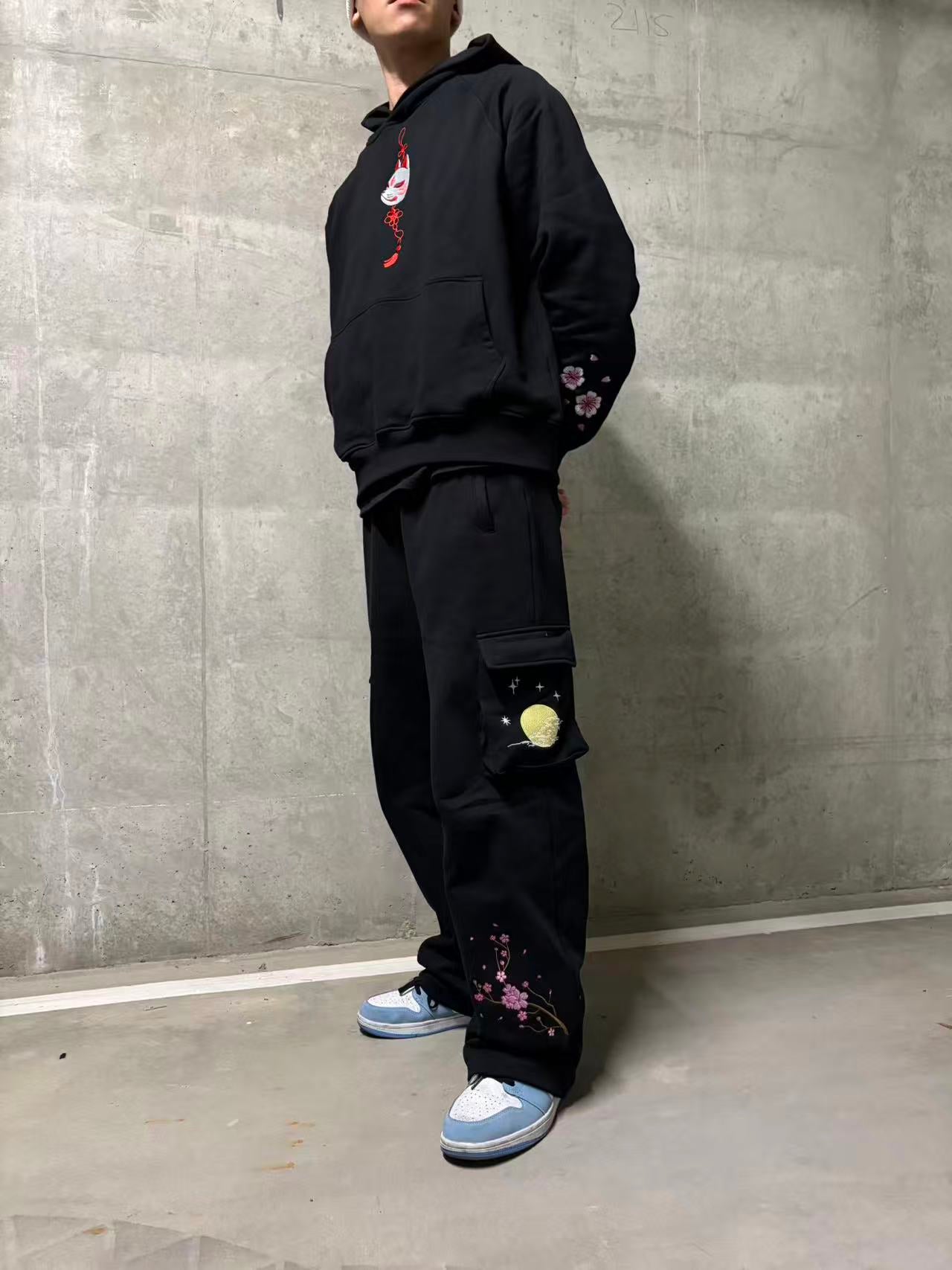 Embroidered Moonlit Blossom and Kitsune Baggy Cargo Sweatpants - Black