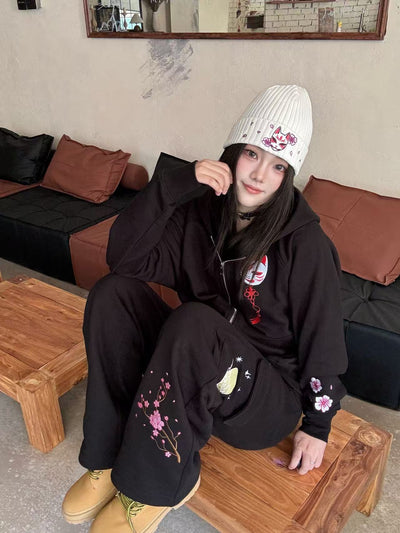 Embroidered Moonlit Blossom and Kitsune Baggy Cargo Sweatpants - Black