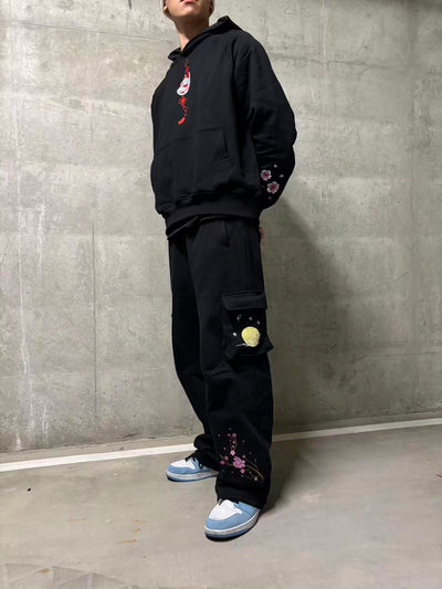 Embroidered Moonlit Blossom and Kitsune Baggy Cargo Sweatpants - Black