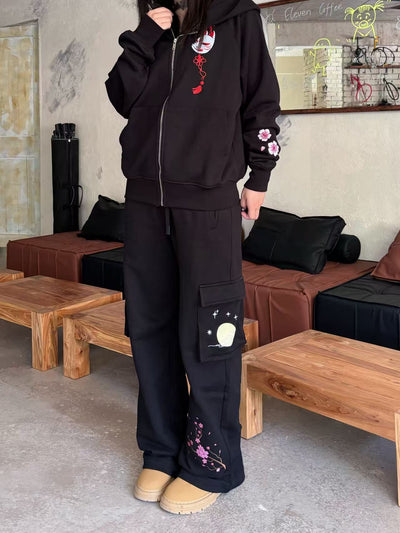 Embroidered Moonlit Blossom and Kitsune Baggy Cargo Sweatpants - Black