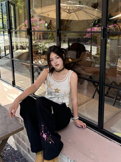 Embroidered Moonlit Blossom and Kitsune Baggy Cargo Sweatpants - Black