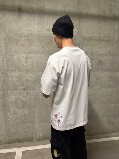 Embroidered Heavy Weight Kitsune Charm T shirt (Oversized) - White