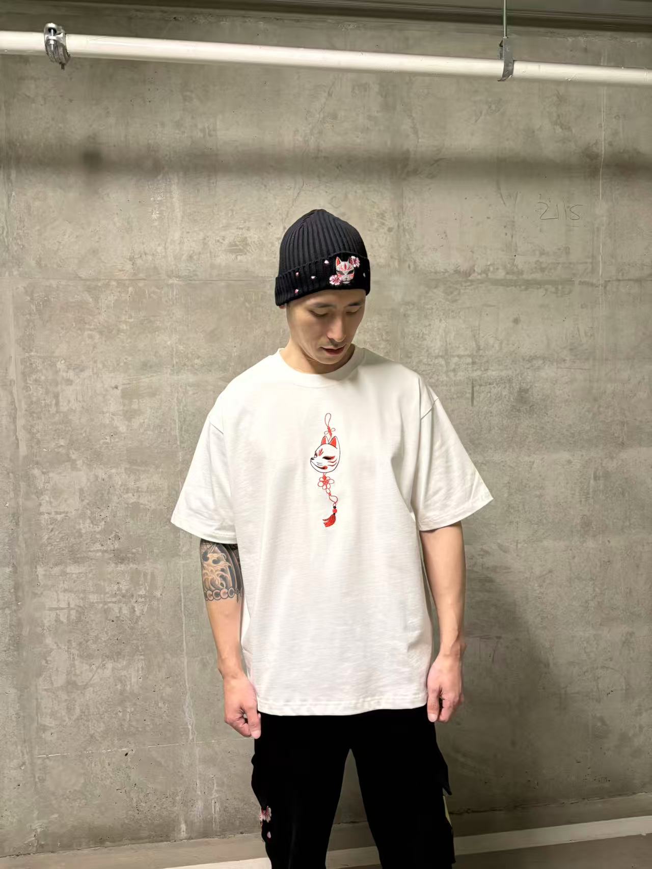 Embroidered Heavy Weight Kitsune Charm T shirt (Oversized) - White