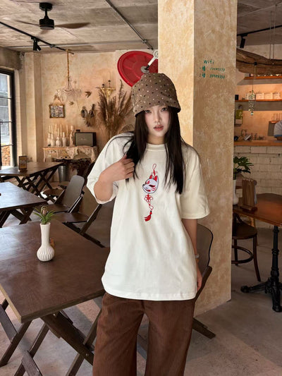 Embroidered Heavy Weight Kitsune Charm T shirt (Oversized) - White