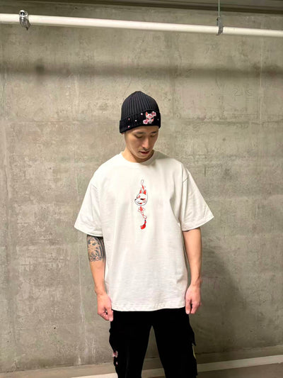 Embroidered Heavy Weight Kitsune Charm T shirt (Oversized) - White