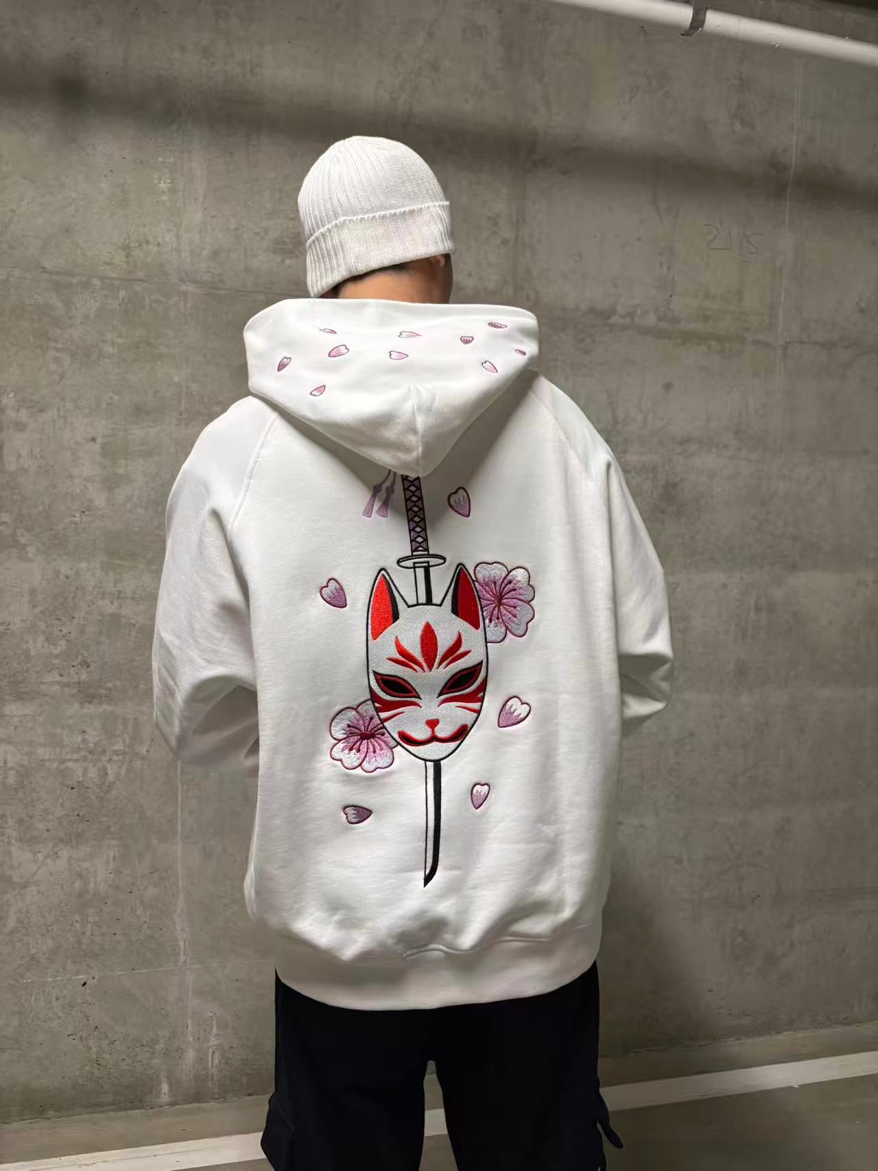 Embroidered Blossom and Kitsune Mask Hoodie (Oversized) - White