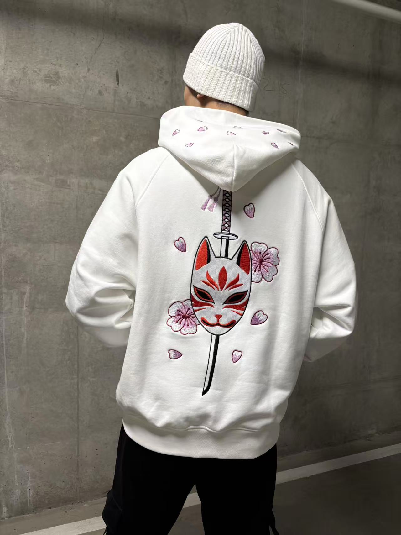 Embroidered Blossom and Kitsune Mask Hoodie (Oversized) - White
