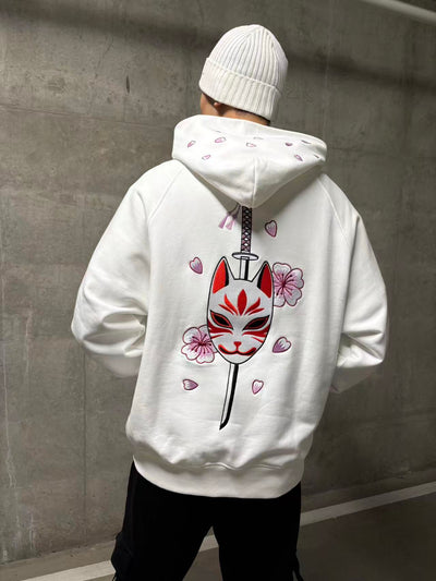 Embroidered Blossom and Kitsune Mask Hoodie (Oversized) - White