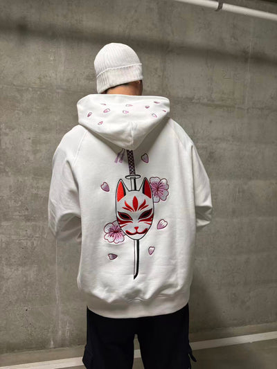 Embroidered Blossom and Kitsune Mask Hoodie (Oversized) - White