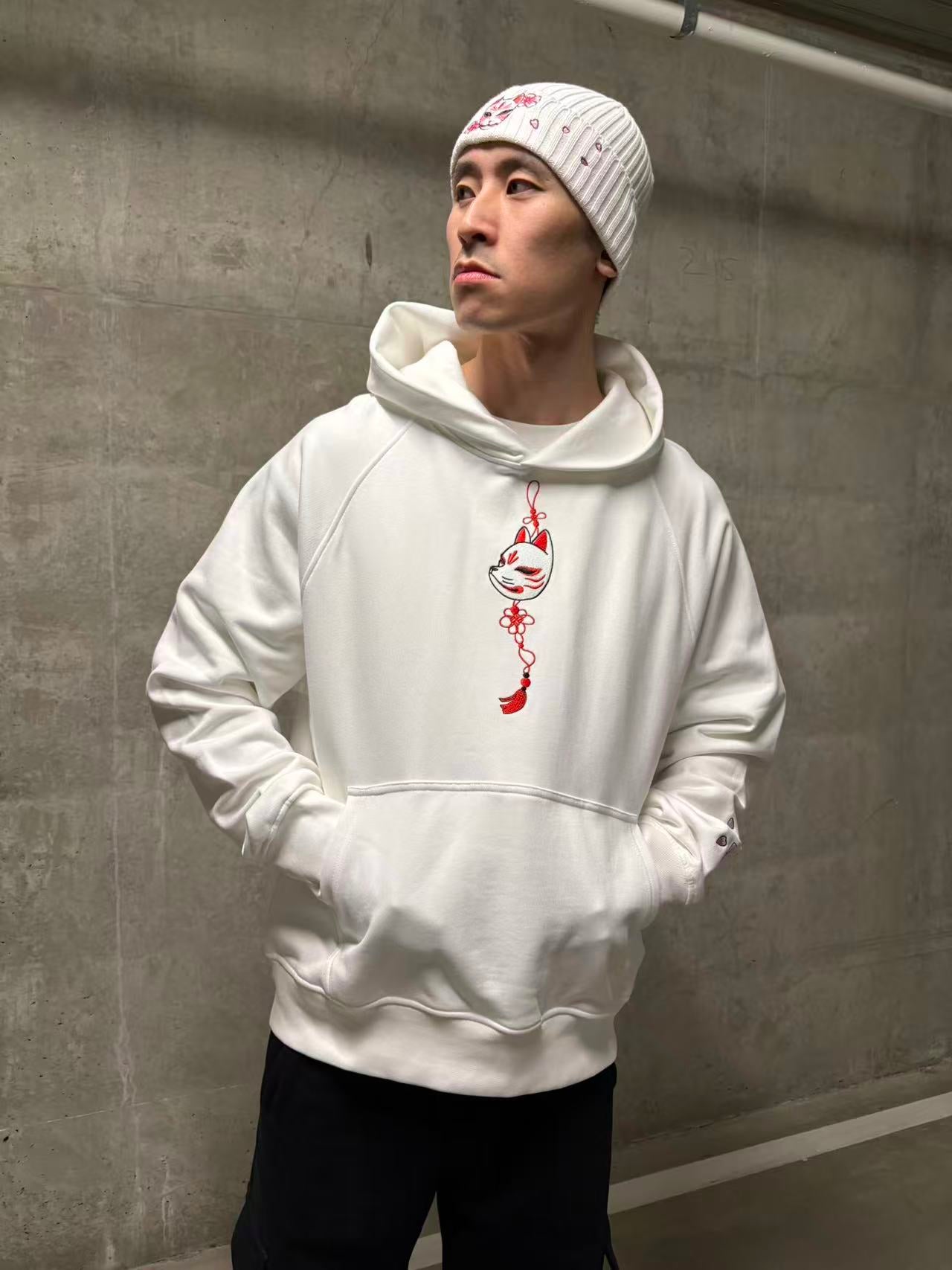 Embroidered Blossom and Kitsune Mask Hoodie (Oversized) - White