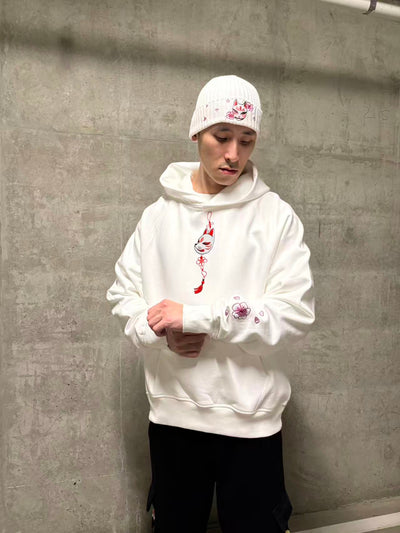 Embroidered Blossom and Kitsune Mask Hoodie (Oversized) - White