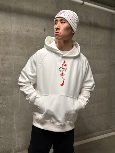 Embroidered Blossom and Kitsune Mask Hoodie (Oversized) - White