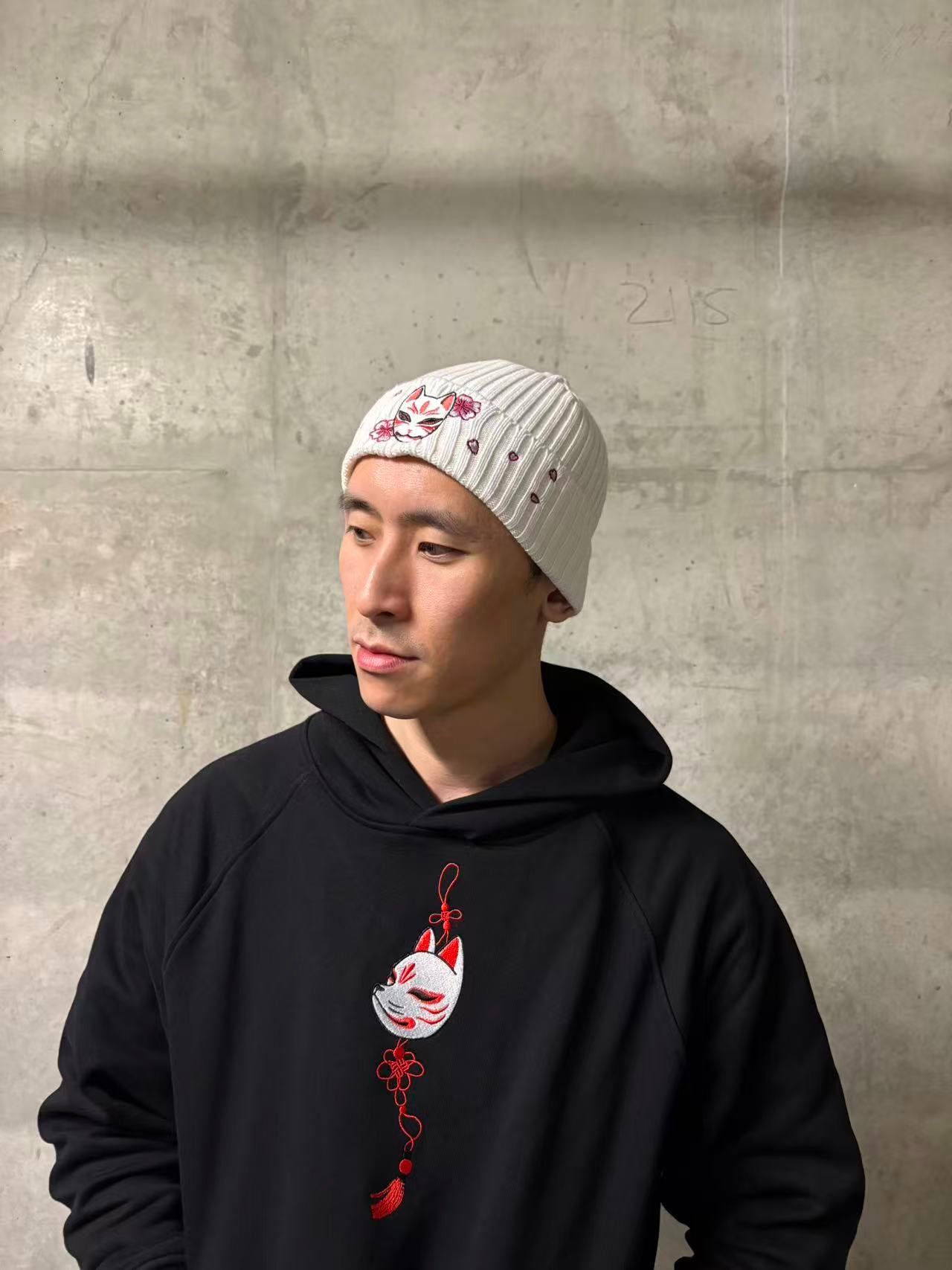 Embroidered Kitsune Mask and Blossom Beanie - Off White