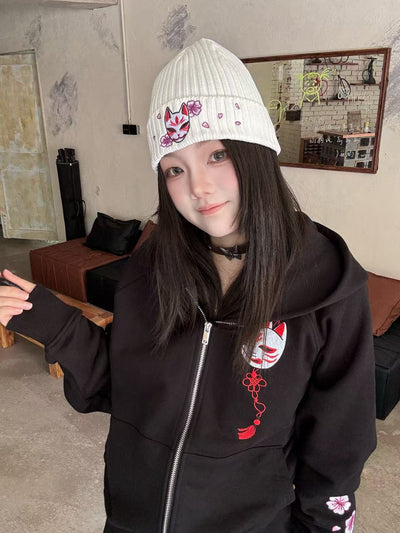 Embroidered Kitsune Mask and Blossom Beanie - Off White