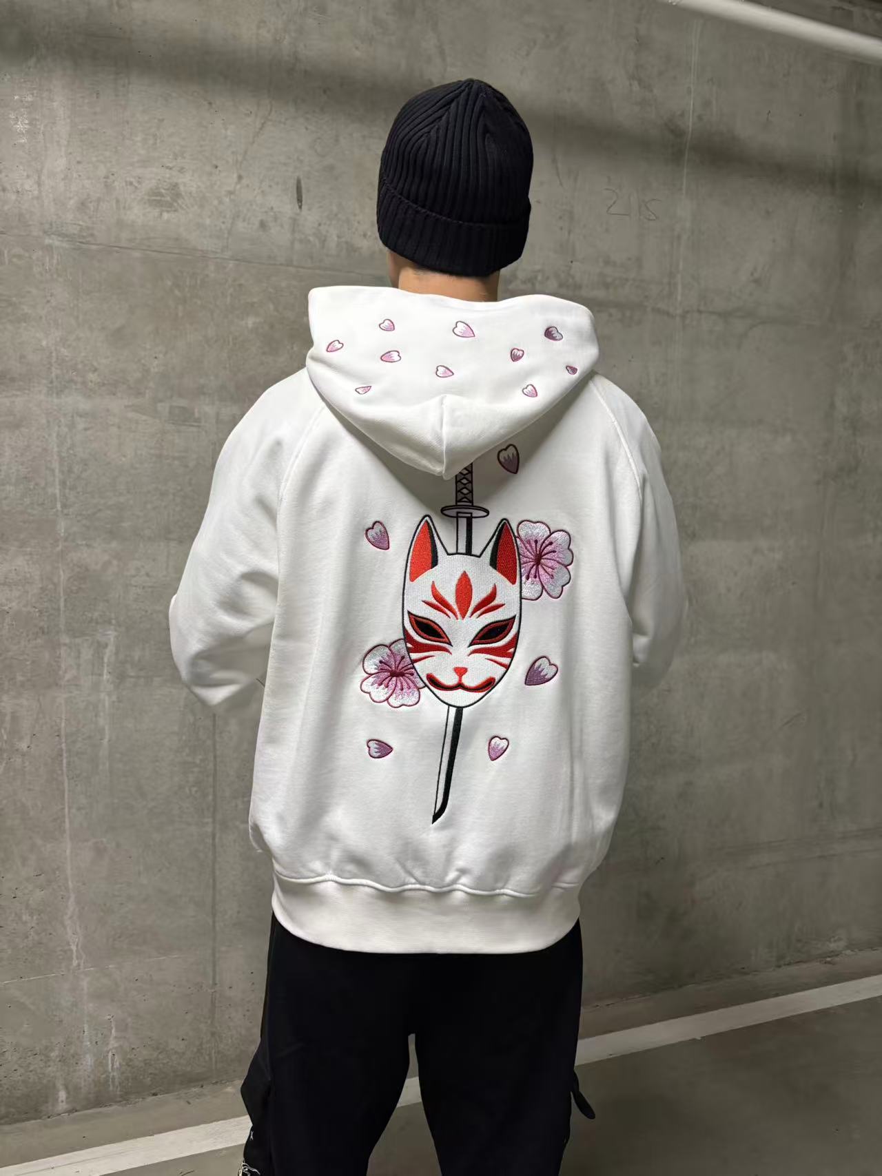 Embroidered Blossom and Kitsune Mask Zip Up (Oversized) - White