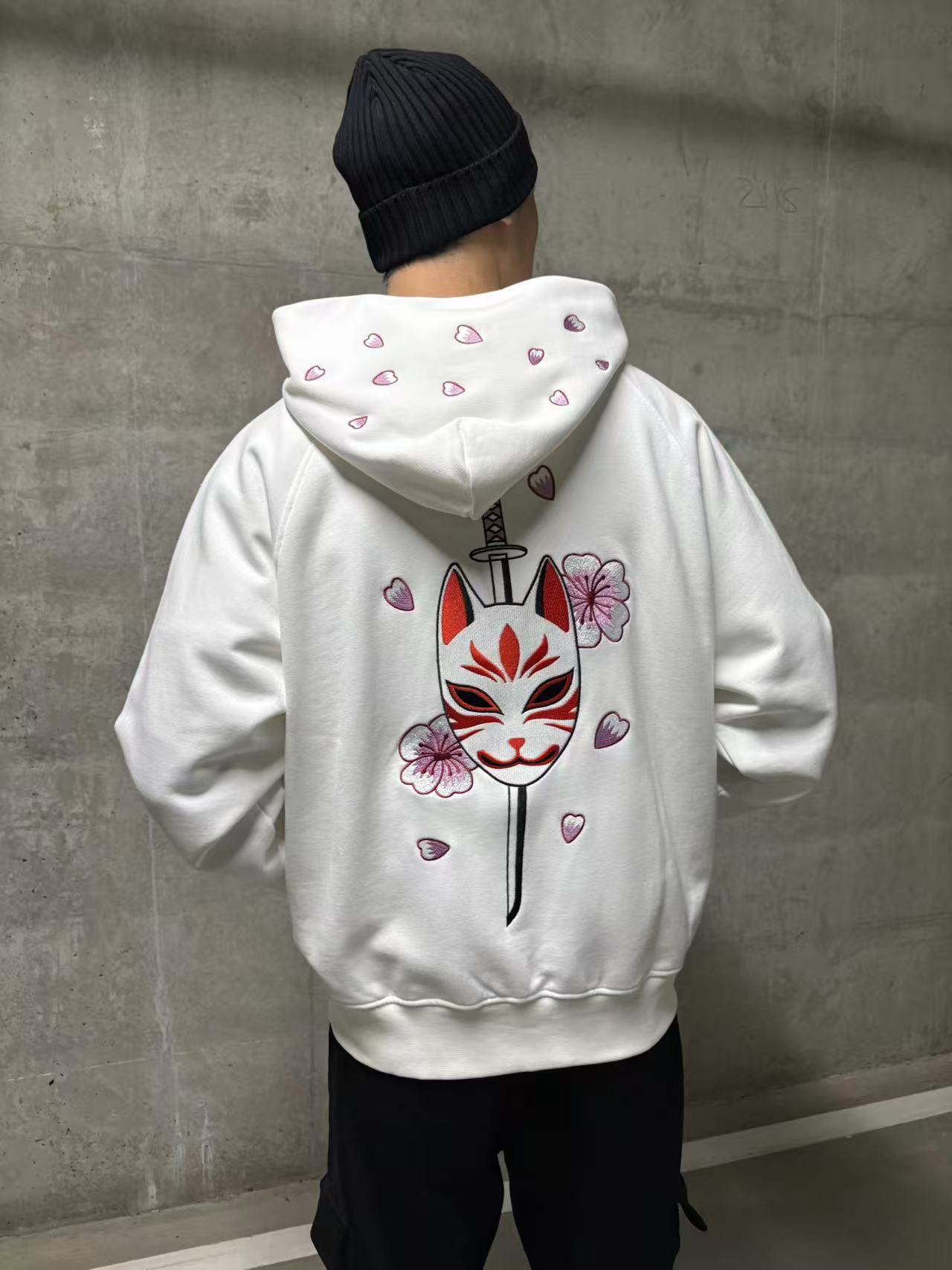 Embroidered Blossom and Kitsune Mask Zip Up (Oversized) - White