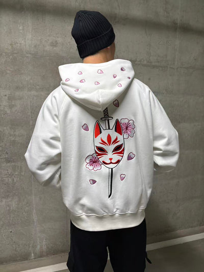 Embroidered Blossom and Kitsune Mask Zip Up (Oversized) - White