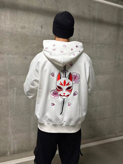 Embroidered Blossom and Kitsune Mask Zip Up (Oversized) - White